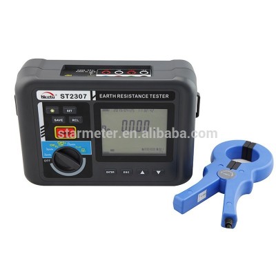 ST2307 ground resistance tester using a combination of 2-pole and 3-pole stakes and a clamp